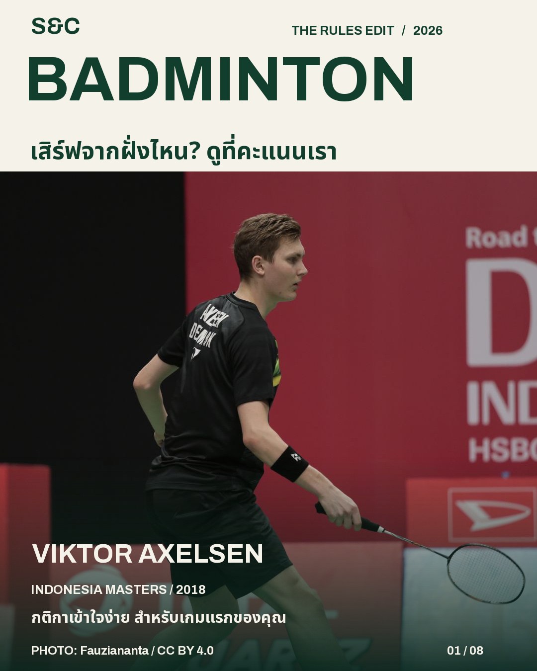 กติกาแบดมินตันสำหรับมือใหม่: เสิร์ฟ เส้นสนาม และการนับคะแนนปี 2026 — VIKTOR AXELSEN ภาพจริงจาก INDONESIA MASTERS / 2018