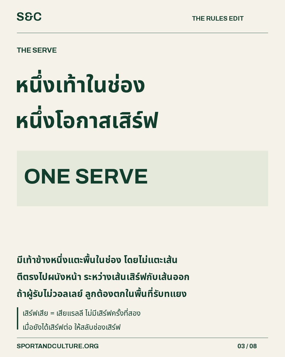 หนึ่งเท้าในช่อง หนึ่งโอกาสเสิร์ฟ — มีเท้าข้างหนึ่งแตะพื้นในช่อง โดยไม่แตะเส้น ตีตรงไปผนังหน้า ระหว่างเส้นเสิร์ฟกับเส้นออก ถ้าผู้รับไม่วอลเลย์ ลูกต้องตกในพื้นที่รับทแยง
