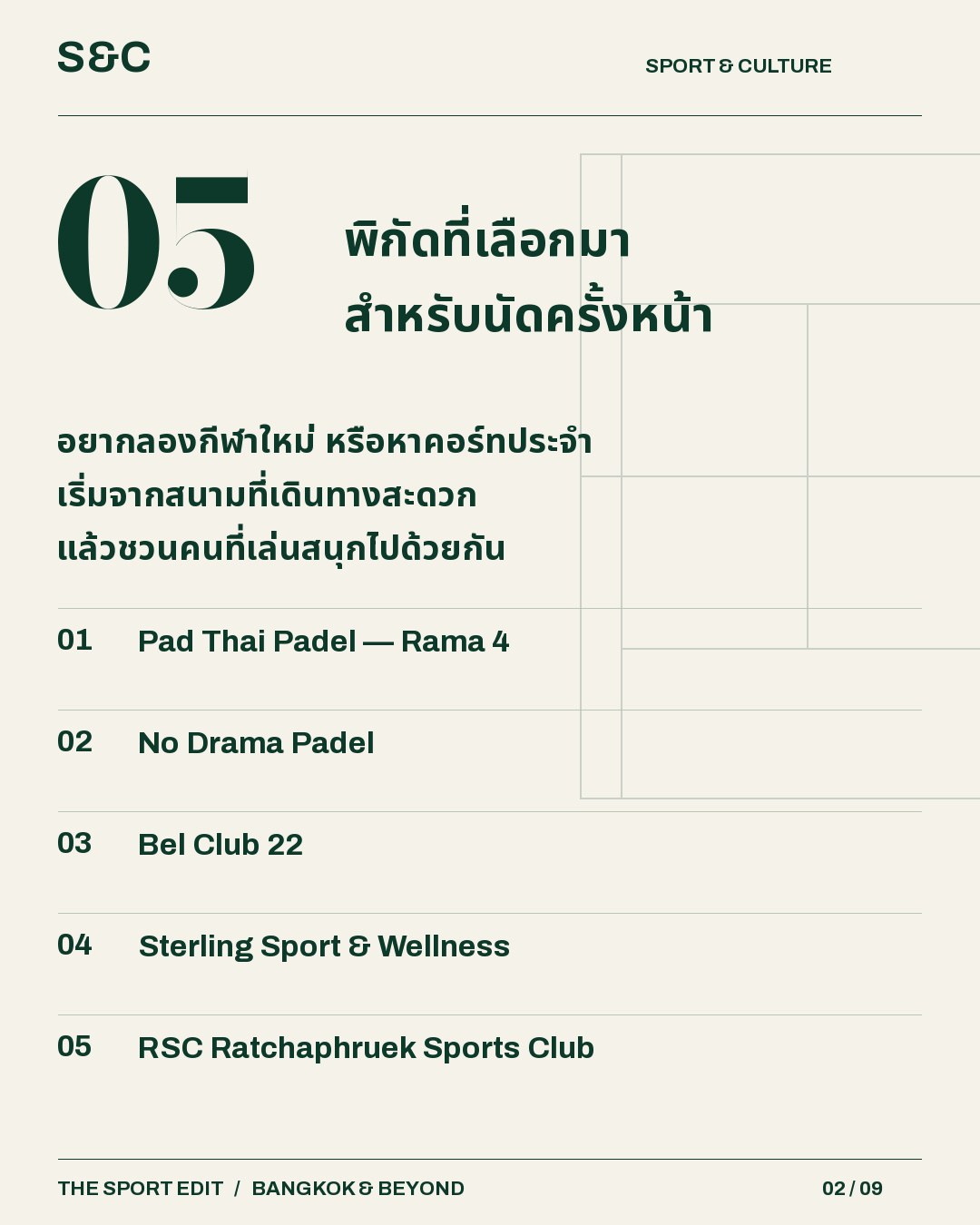 รายชื่อสถานที่ในบทความ 5 สนามพาเดลในกรุงเทพฯ ที่น่าชวนเพื่อนไปเล่น