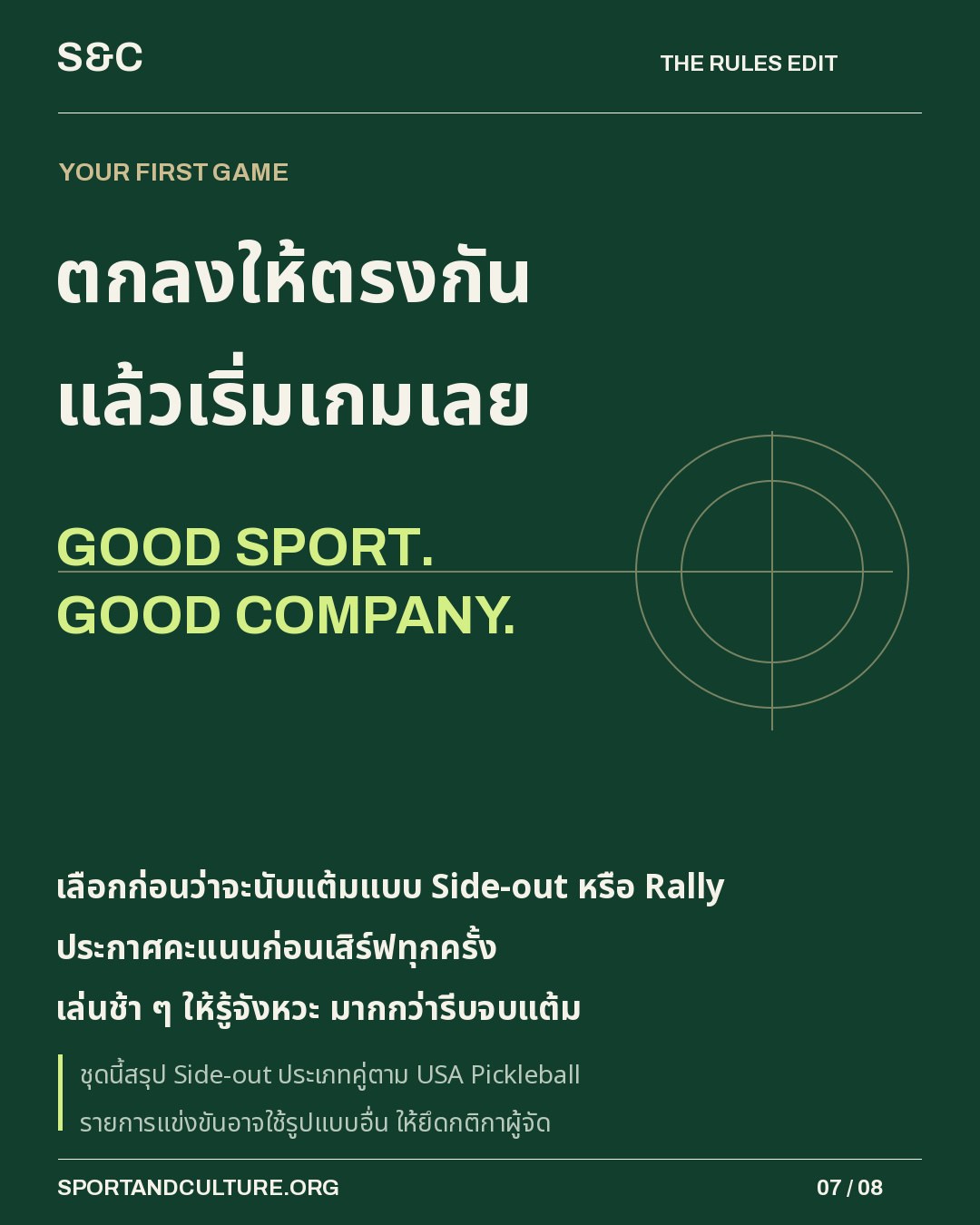 ตกลงให้ตรงกัน แล้วเริ่มเกมเลย — เลือกก่อนว่าจะนับแต้มแบบ Side-out หรือ Rally ประกาศคะแนนก่อนเสิร์ฟทุกครั้ง เล่นช้า ๆ ให้รู้จังหวะ มากกว่ารีบจบแต้ม