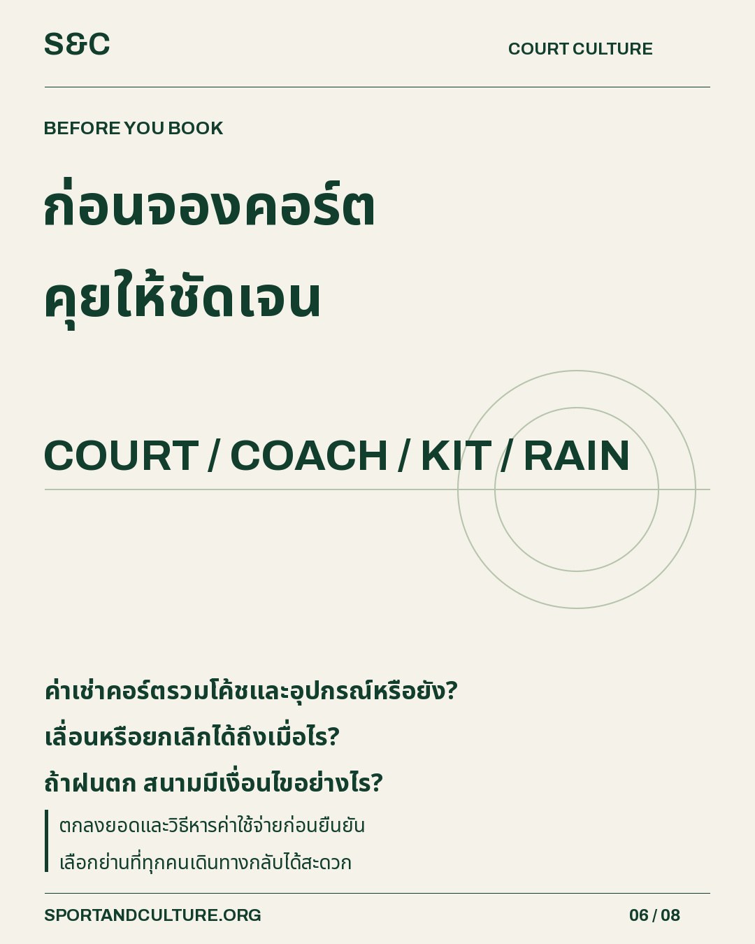 ก่อนจองคอร์ต คุยให้ชัดเจน — ค่าเช่าคอร์ตรวมโค้ชและอุปกรณ์หรือยัง? เลื่อนหรือยกเลิกได้ถึงเมื่อไร? ถ้าฝนตก สนามมีเงื่อนไขอย่างไร?