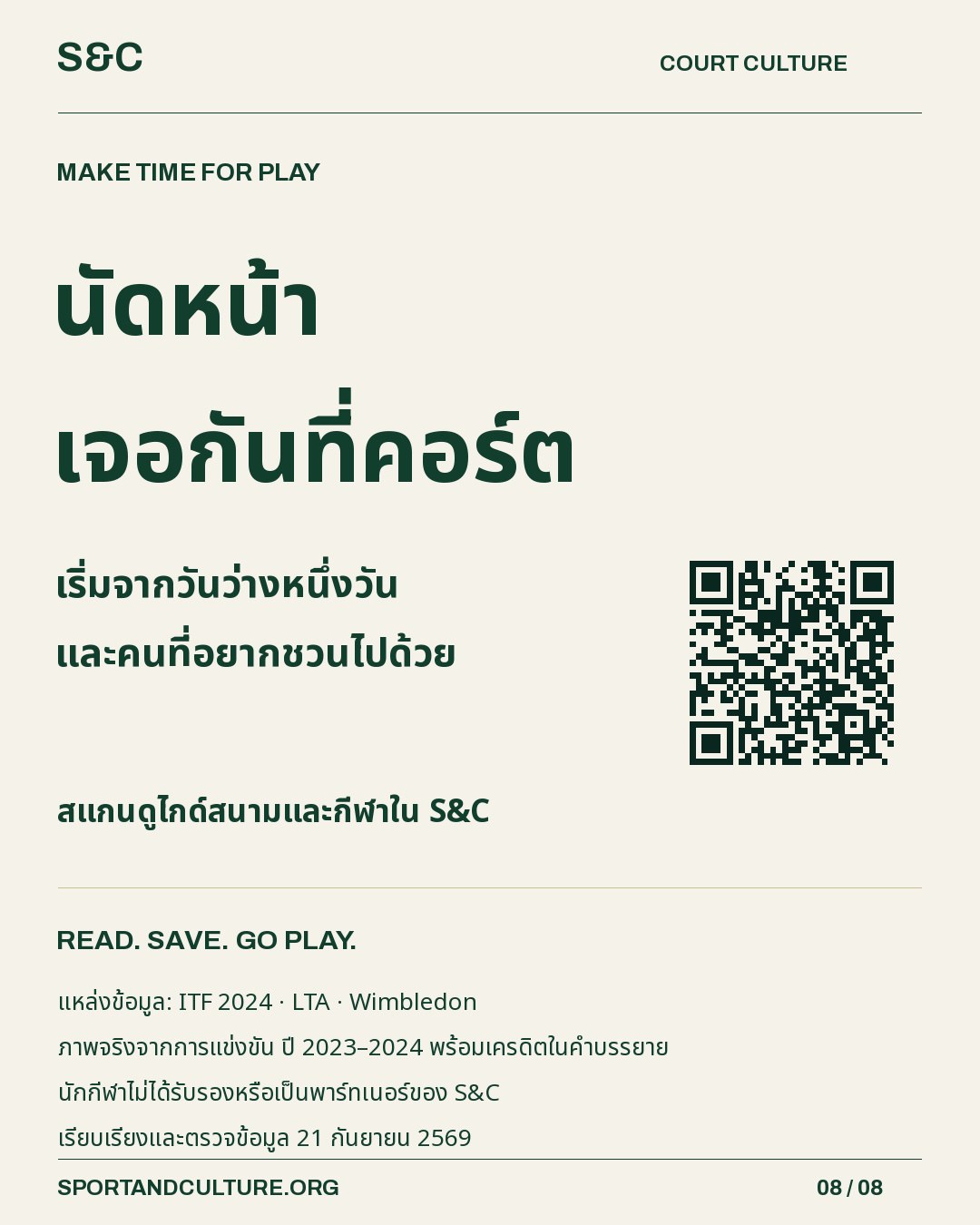 ชวนเริ่มเทนนิสและอ่านไกด์สนามใน S&C พร้อม QR ไปคลังบทความ
