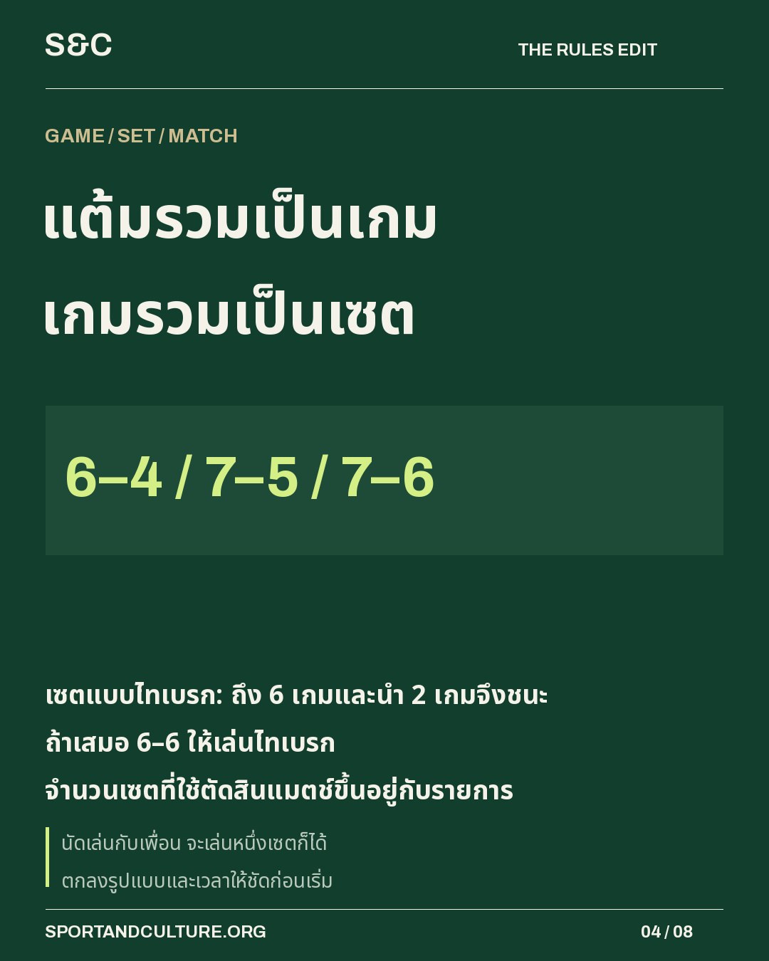 แต้มรวมเป็นเกม เกมรวมเป็นเซต — เซตแบบไทเบรก: ถึง 6 เกมและนำ 2 เกมจึงชนะ ถ้าเสมอ 6–6 ให้เล่นไทเบรก จำนวนเซตที่ใช้ตัดสินแมตช์ขึ้นอยู่กับรายการ