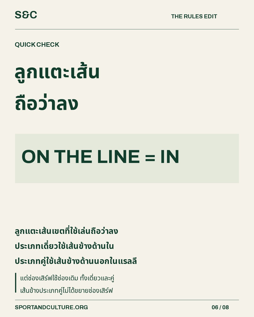 ลูกแตะเส้น ถือว่าลง — ลูกแตะเส้นเขตที่ใช้เล่นถือว่าลง ประเภทเดี่ยวใช้เส้นข้างด้านใน ประเภทคู่ใช้เส้นข้างด้านนอกในแรลลี