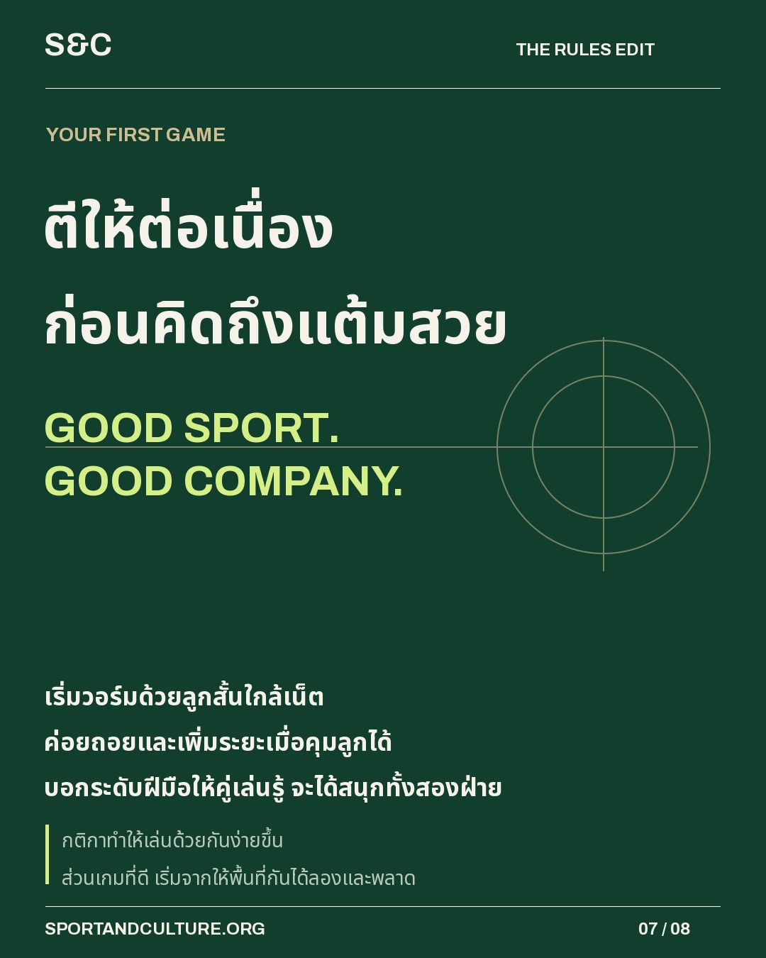 ตีให้ต่อเนื่อง ก่อนคิดถึงแต้มสวย — เริ่มวอร์มด้วยลูกสั้นใกล้เน็ต ค่อยถอยและเพิ่มระยะเมื่อคุมลูกได้ บอกระดับฝีมือให้คู่เล่นรู้ จะได้สนุกทั้งสองฝ่าย